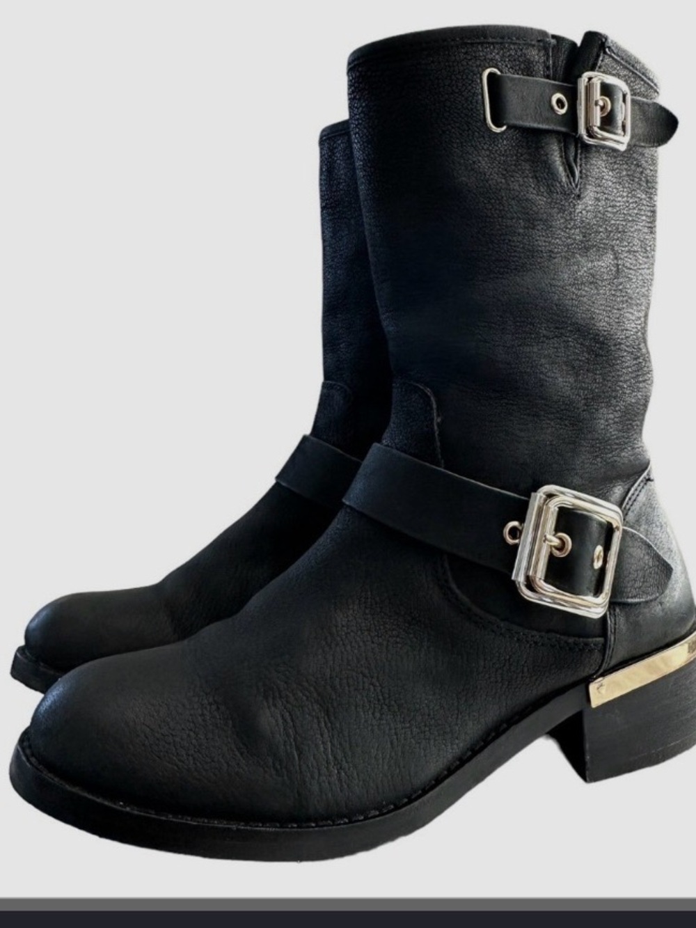 Vince Camuto Black Leather Mid-Calf Buckle Heeled Boots